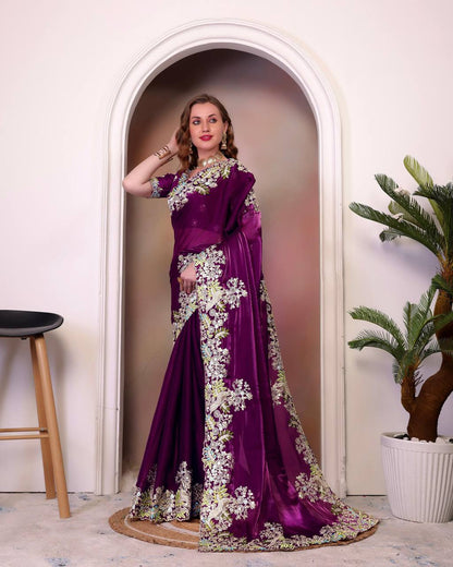 Teeya Creation Wine Color Zimichhu Silk Heavy Work Saree - Distacart