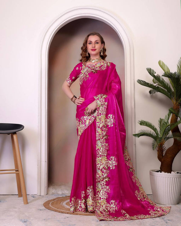 Teeya Creation Rani Color Zimichhu Silk Heavy Work Saree - Distacart