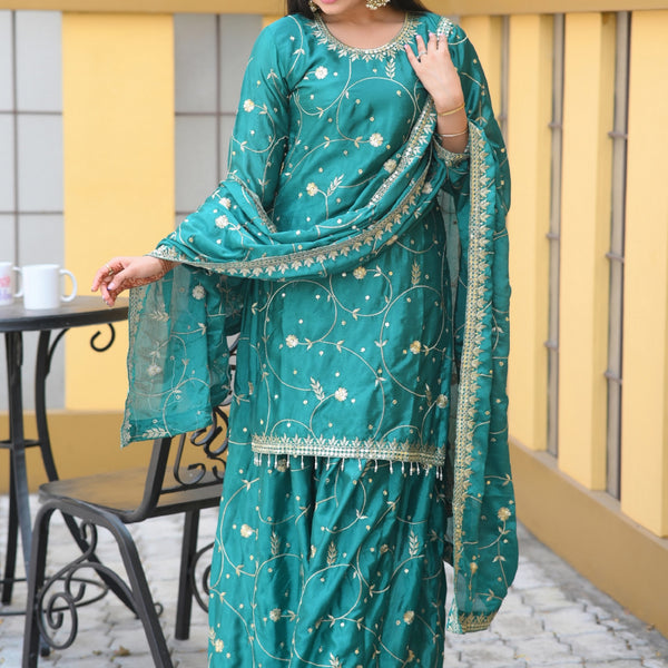 Teeya Creation Green Color Chinon Silk Heavy Embroidery Work Fully Stitched Salwar Suit - Distacart