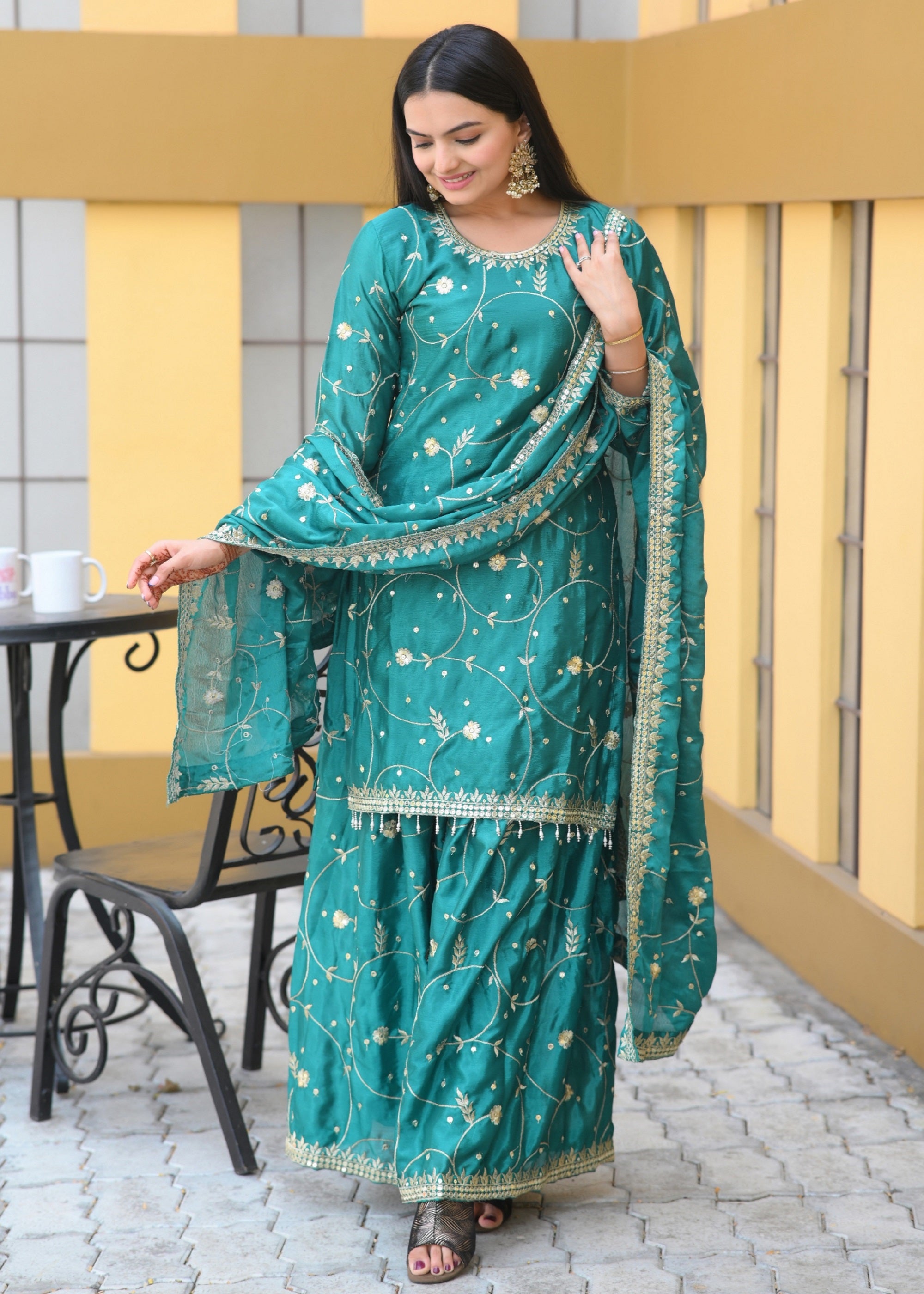 Teeya Creation Green Color Chinon Silk Heavy Embroidery Work Fully Stitched Salwar Suit - Distacart