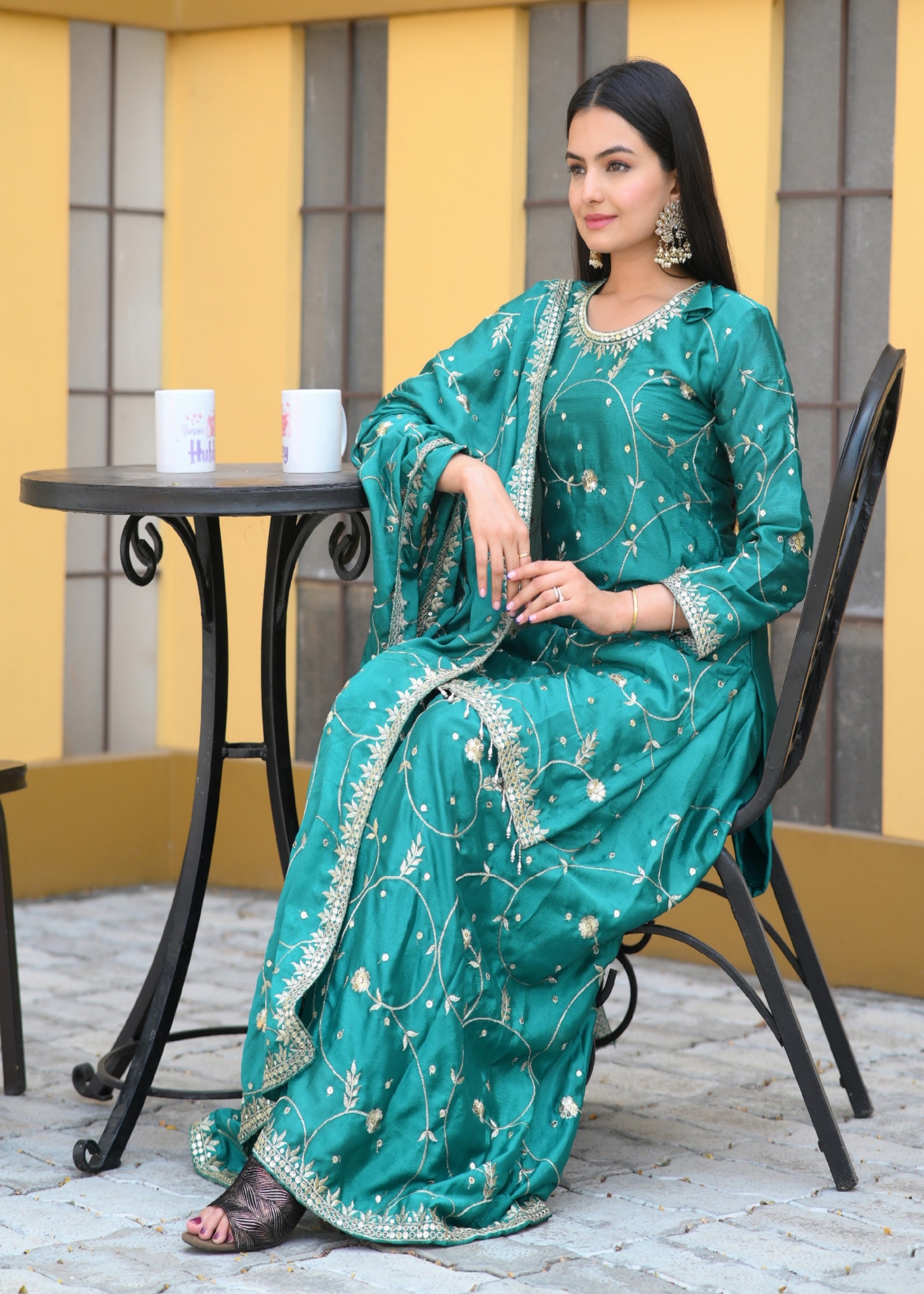 Teeya Creation Green Color Chinon Silk Heavy Embroidery Work Fully Stitched Salwar Suit - Distacart