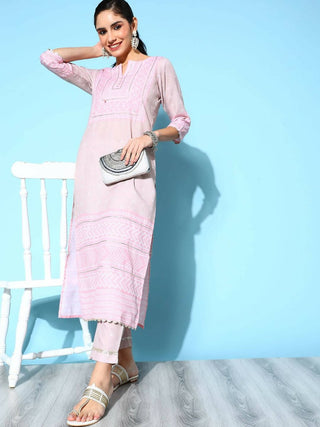 Ahalyaa Women's Beige Cotton Blend Printed Kurta Pant Set - Distacart