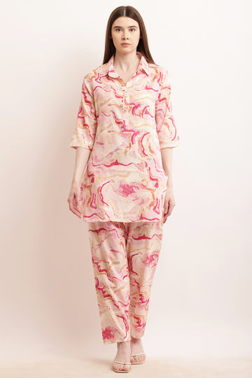 PAVONINE Pink Color Ted-Dye Printed Cord Set For Women - Distacart