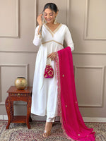 Thumbnail for The52 Women's Gorgeous Embroidery Chandrei Fabric Straight Kurta, Pant and Dupatta Set