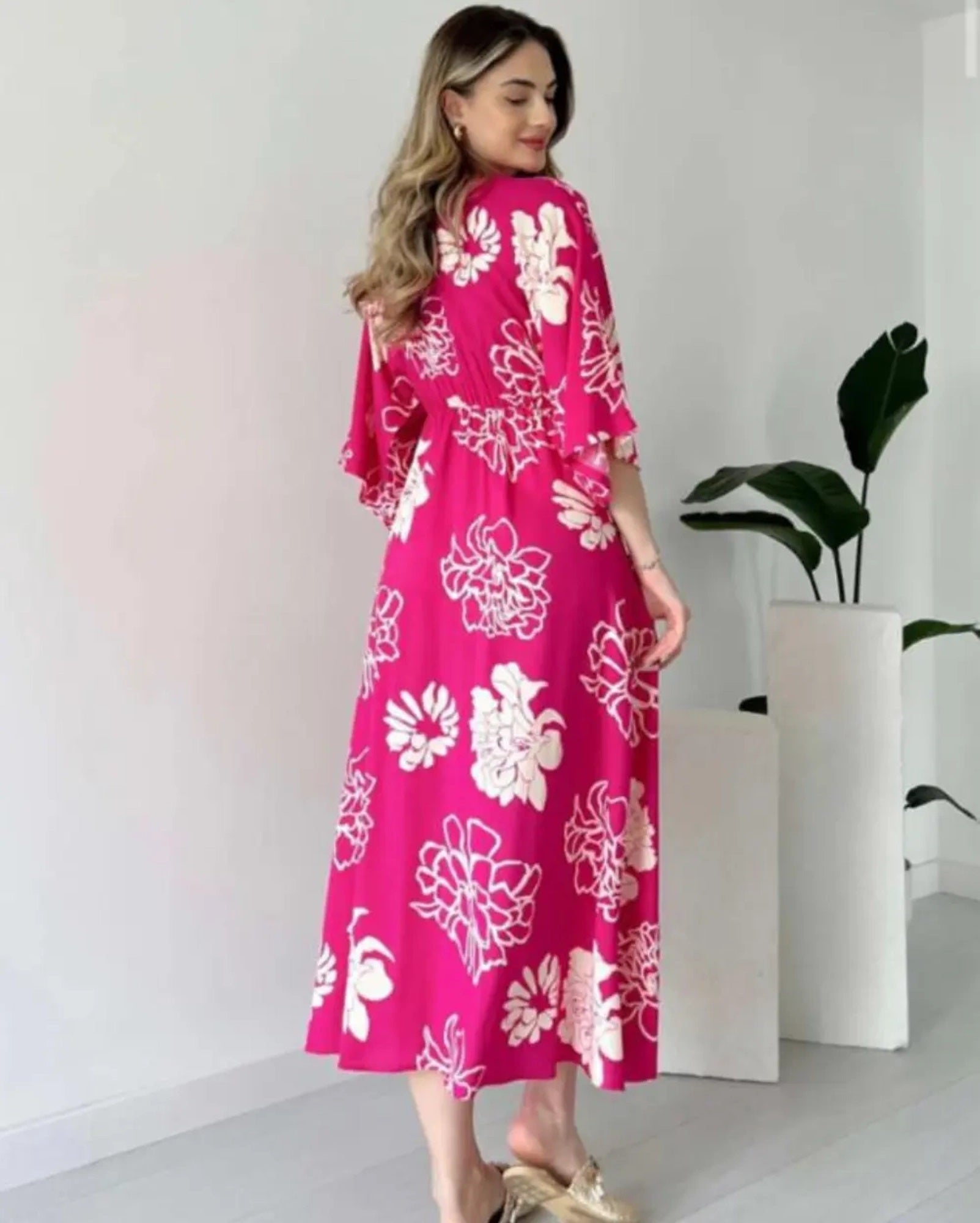 Pimu Front Slit Midi Dresses V-neck Designs For Women Party Wear - Pink