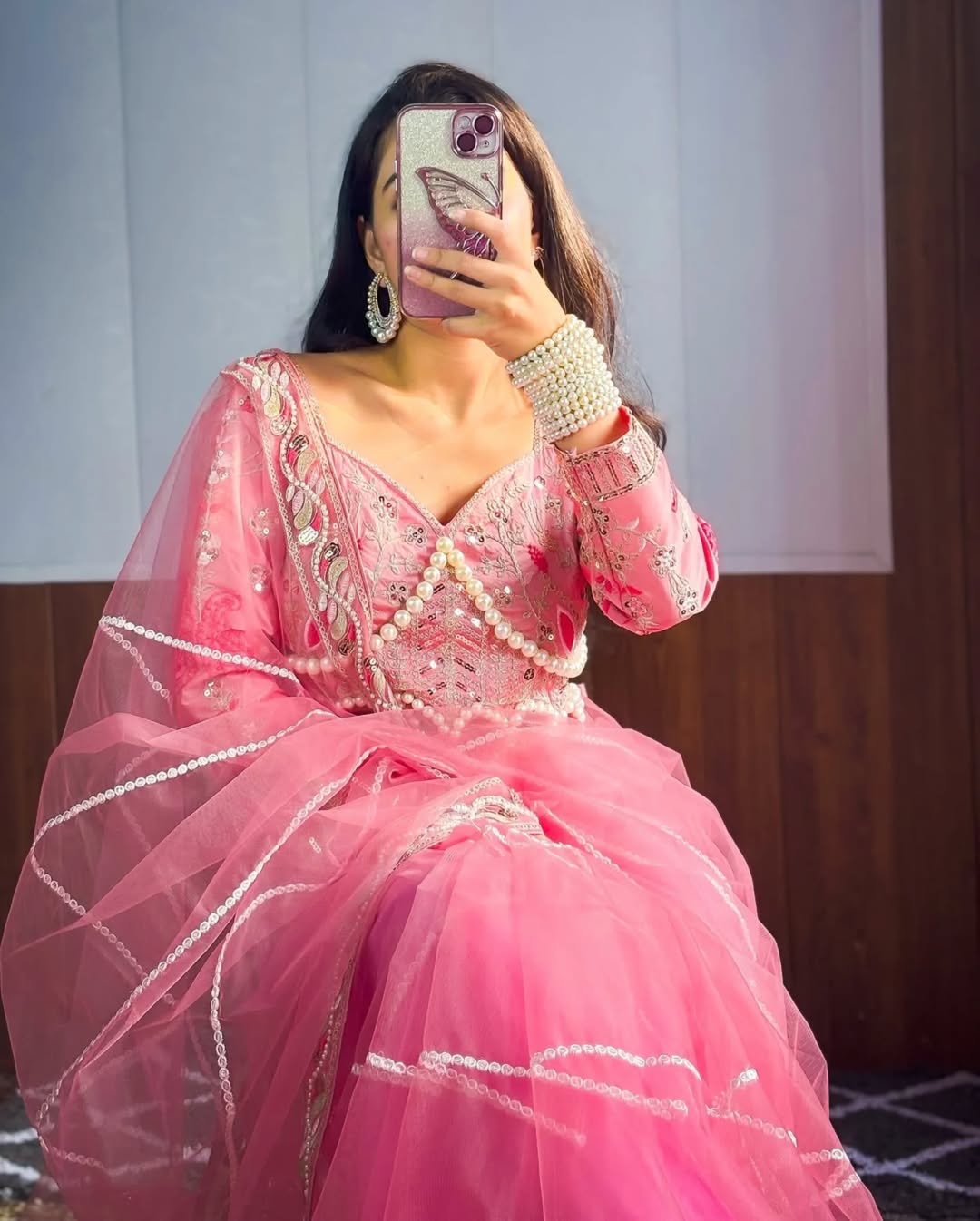Teeya Creation Light Pink Color Net Fabric Pearl Work Heavy Embroidery Work Saree - Distacart