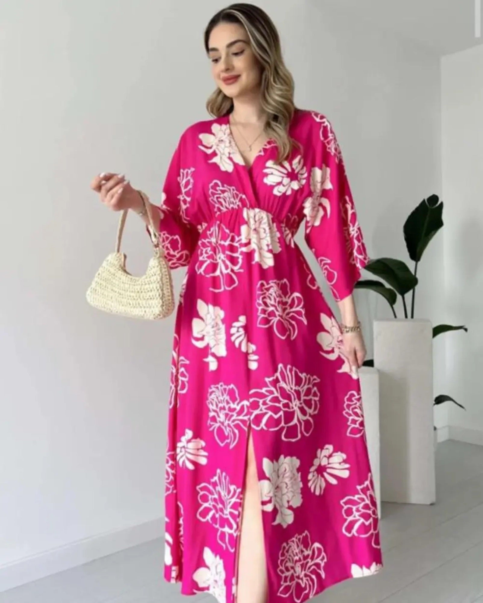 Pimu Front Slit Midi Dresses V-neck Designs For Women Party Wear - Pink