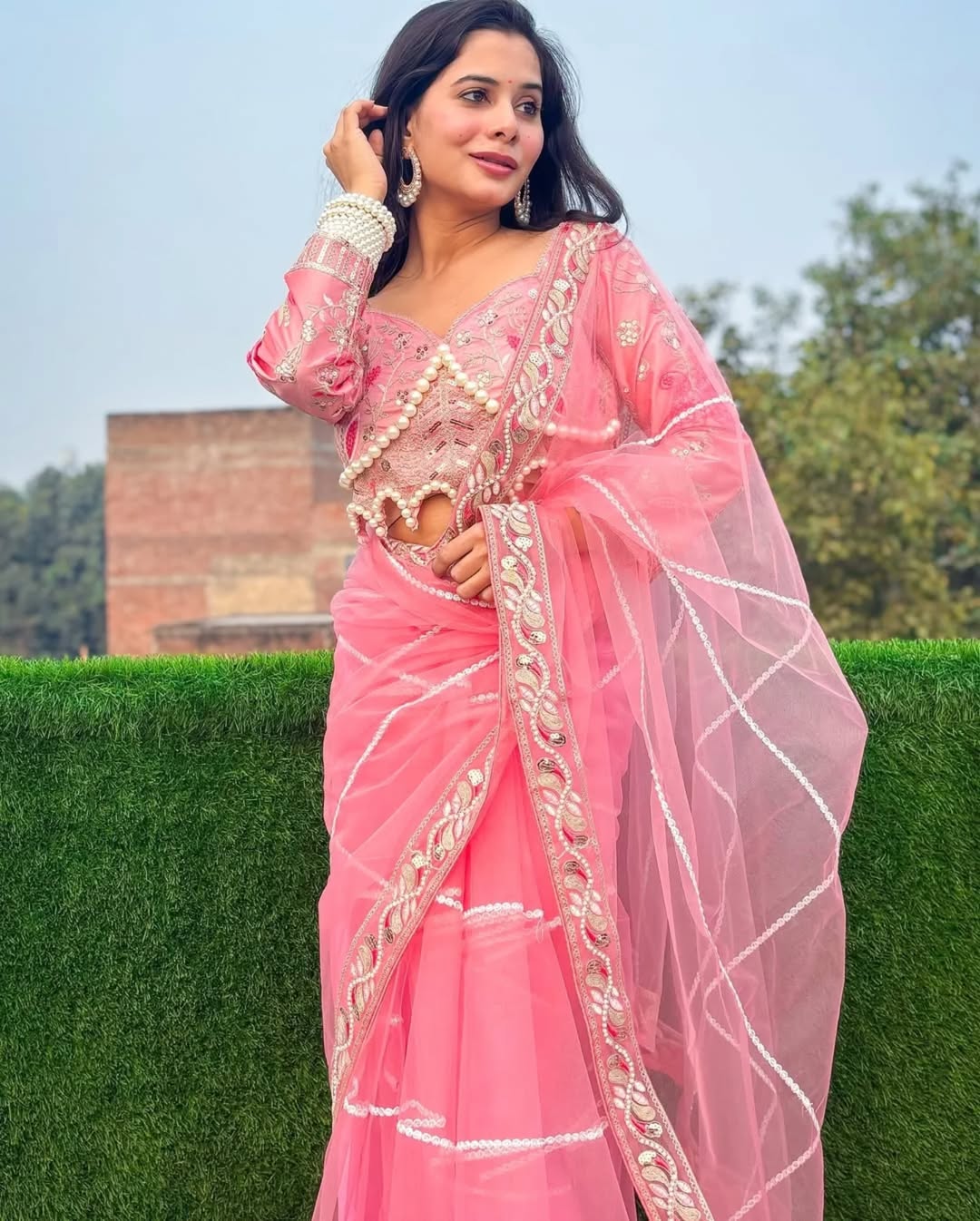 Teeya Creation Light Pink Color Net Fabric Pearl Work Heavy Embroidery Work Saree - Distacart