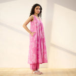 Thumbnail for Pimu Women Floral Printed Pleated Pure Cotton Kurta with Palazzos-Pink - Distacart