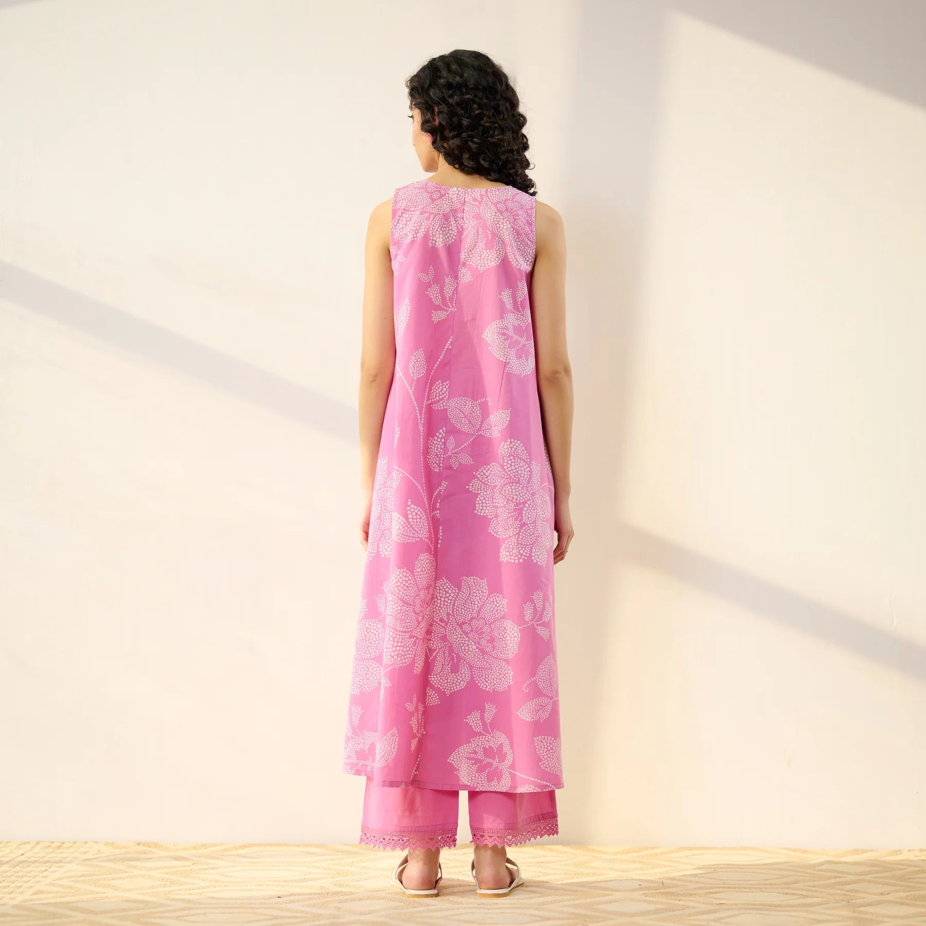 Pimu Women Floral Printed Pleated Pure Cotton Kurta with Palazzos-Pink - Distacart