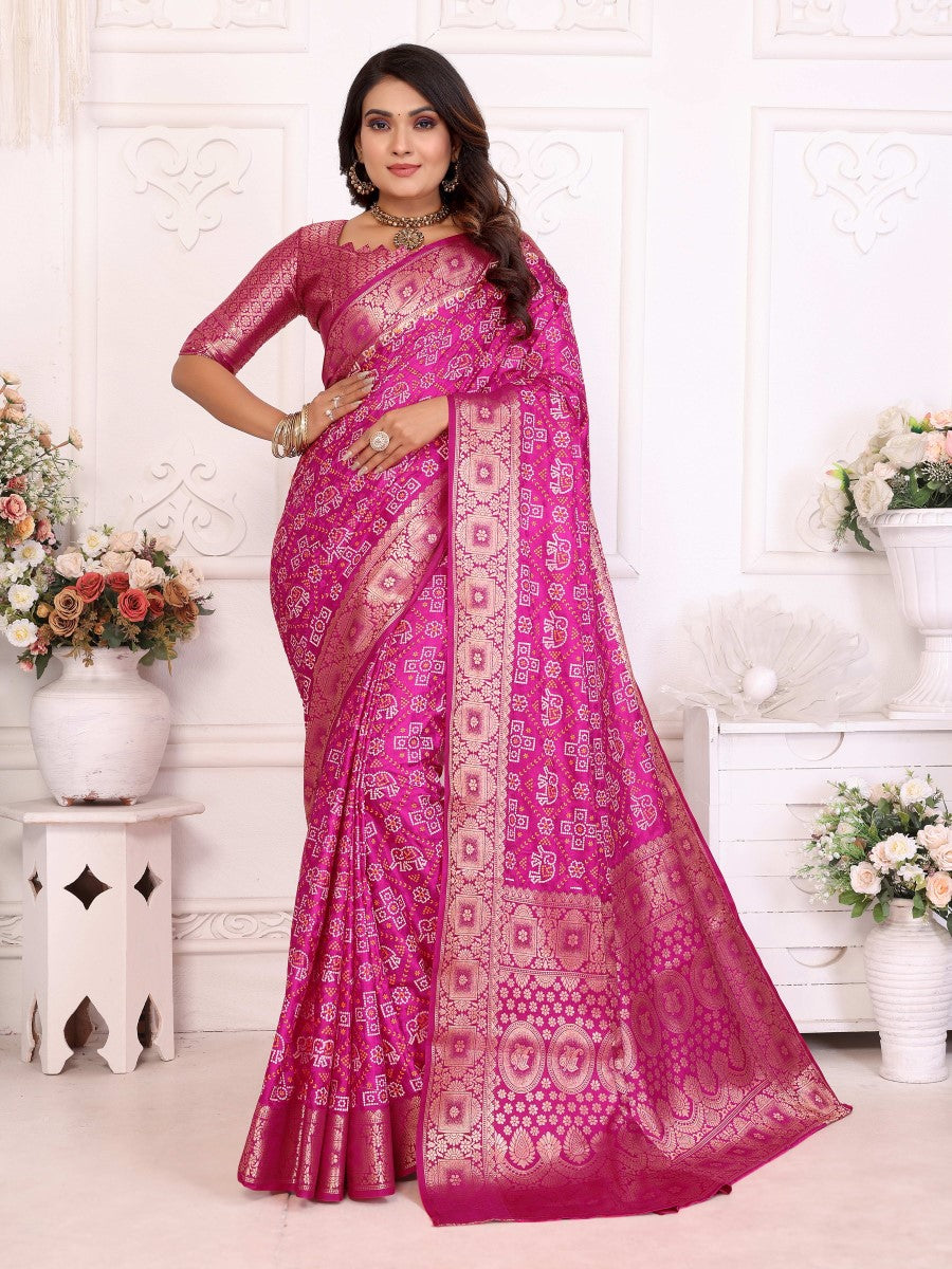 Anaita Pink Soft Satin Silk Bandhej Print Saree With Kanchi Zari Weaving Border - Distacart