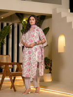 Thumbnail for Yufta Pink And Off White Floral Print Cotton Straight Style Kurta And Trousers With Dupatta