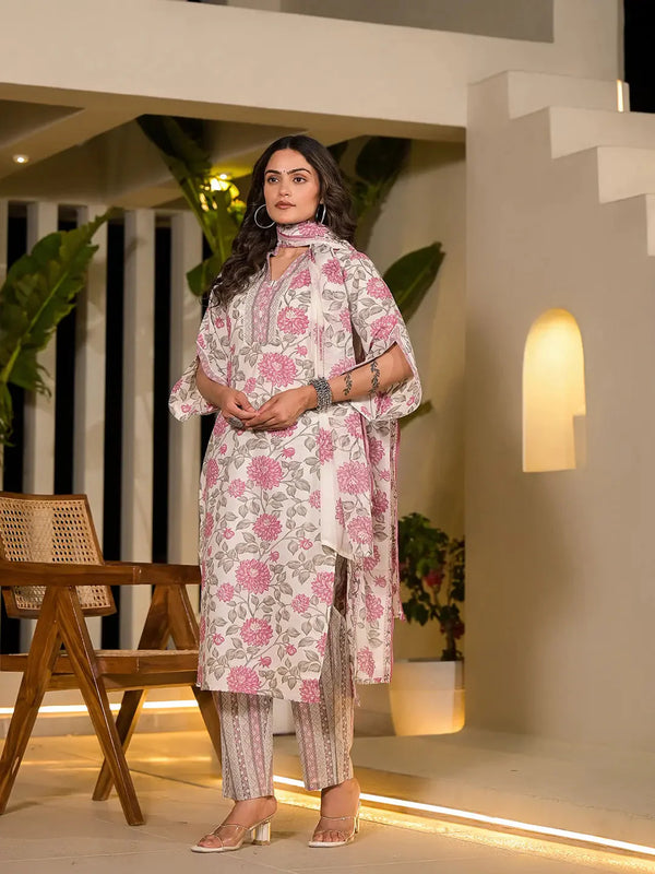 Yufta Pink And Off White Floral Print Cotton Straight Style Kurta And Trousers With Dupatta