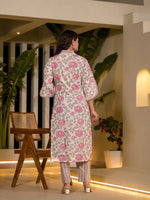 Thumbnail for Yufta Pink And Off White Floral Print Cotton Straight Style Kurta And Trousers With Dupatta