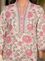 Thumbnail for Yufta Pink And Off White Floral Print Cotton Straight Style Kurta And Trousers With Dupatta