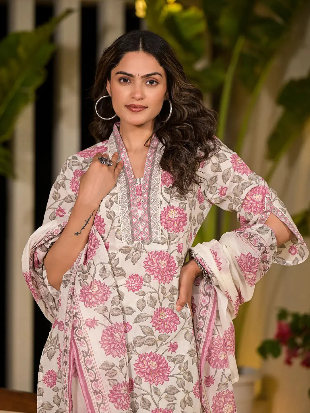 Yufta Pink And Off White Floral Print Cotton Straight Style Kurta And Trousers With Dupatta