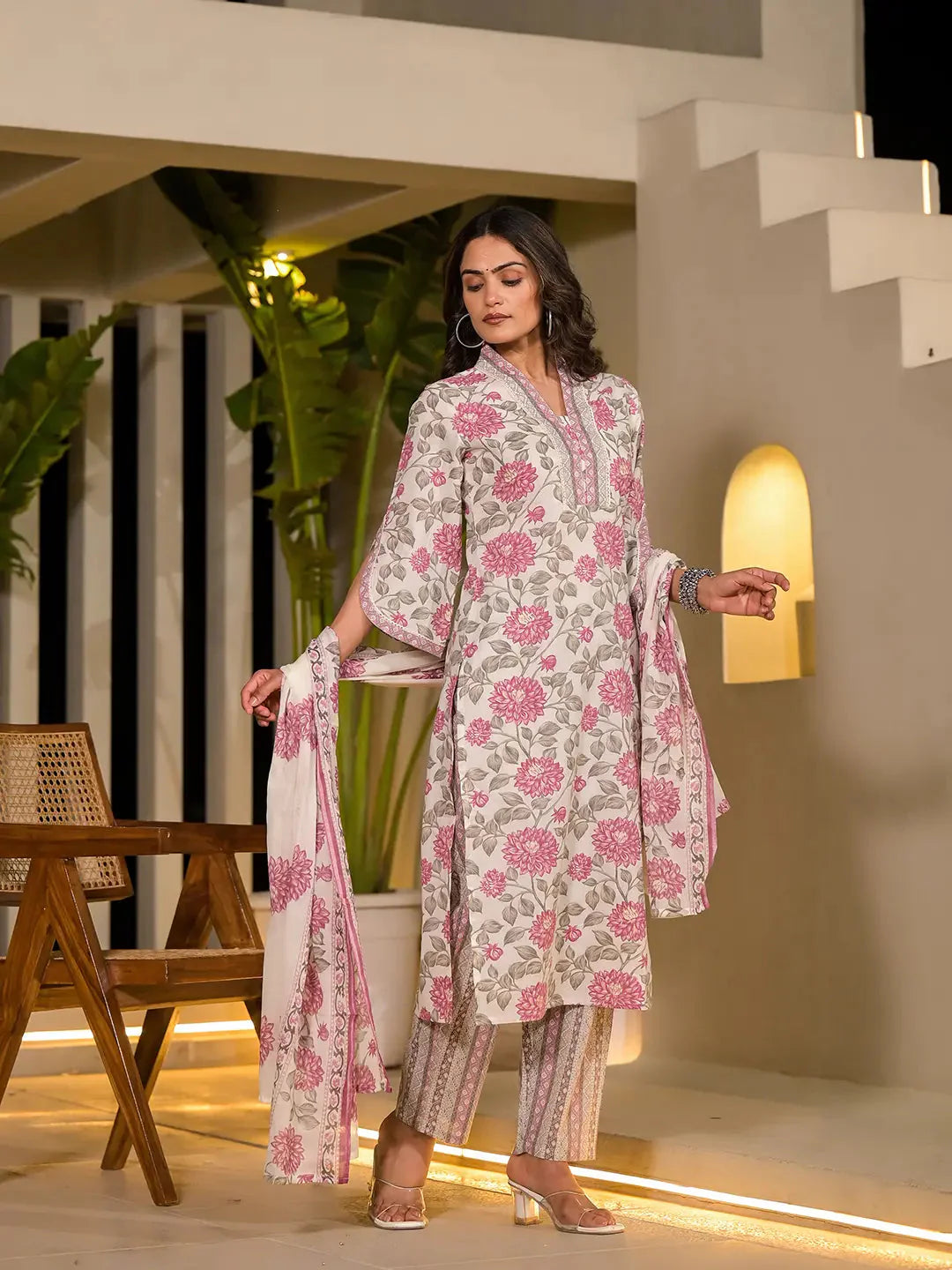 Yufta Pink And Off White Floral Print Cotton Straight Style Kurta And Trousers With Dupatta