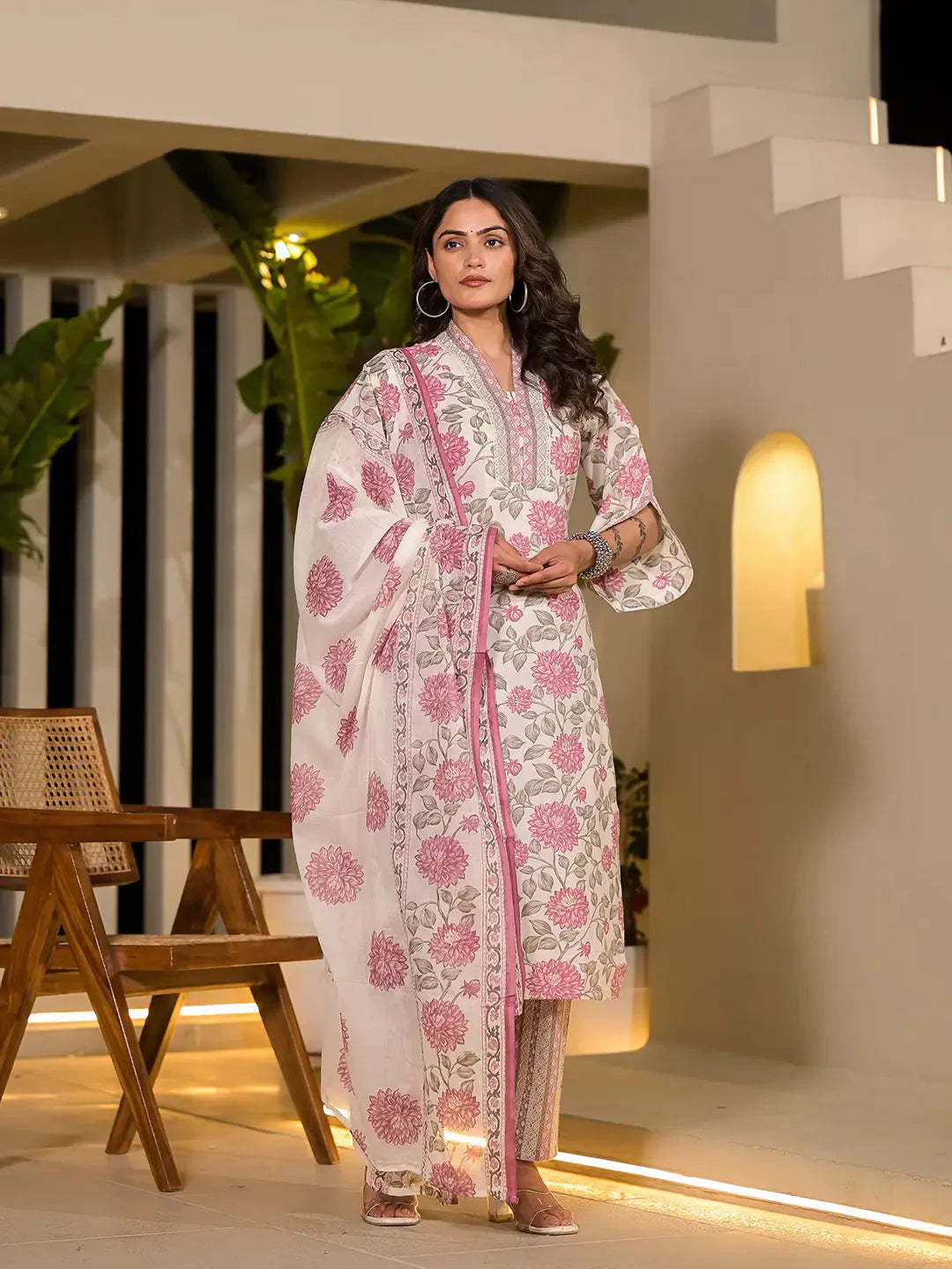 Yufta Pink And Off White Floral Print Cotton Straight Style Kurta And Trousers With Dupatta