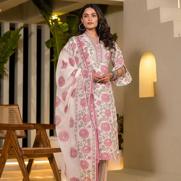 Yufta Pink And Off White Floral Print Cotton Straight Style Kurta And Trousers With Dupatta - Distacart