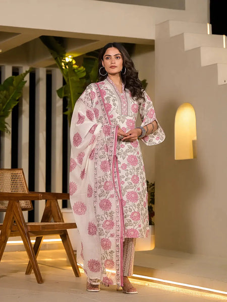 Yufta Pink And Off White Floral Print Cotton Straight Style Kurta And Trousers With Dupatta