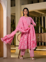Thumbnail for Yufta Pink Cotton Anarkali Style Sequins_Work Kurta With Trousers And Dupatta Set - Distacart