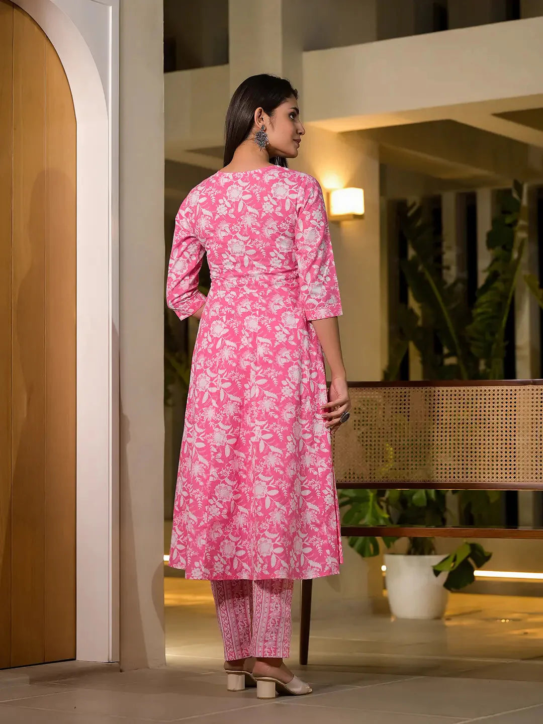 Yufta Pink Cotton Anarkali Style Sequins_Work Kurta With Trousers And Dupatta Set - Distacart