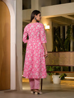 Thumbnail for Yufta Pink Cotton Anarkali Style Sequins_Work Kurta With Trousers And Dupatta Set - Distacart