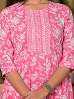 Thumbnail for Yufta Pink Cotton Anarkali Style Sequins_Work Kurta With Trousers And Dupatta Set - Distacart