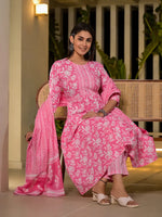 Thumbnail for Yufta Pink Cotton Anarkali Style Sequins_Work Kurta With Trousers And Dupatta Set - Distacart