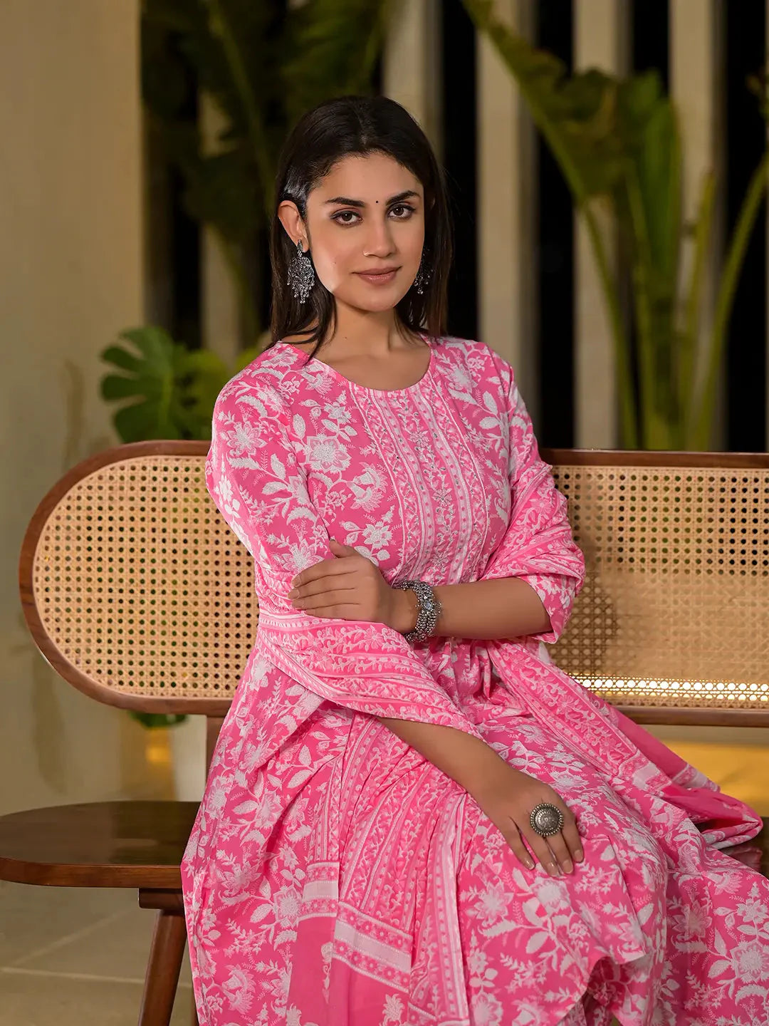 Yufta Pink Cotton Anarkali Style Sequins_Work Kurta With Trousers And Dupatta Set - Distacart