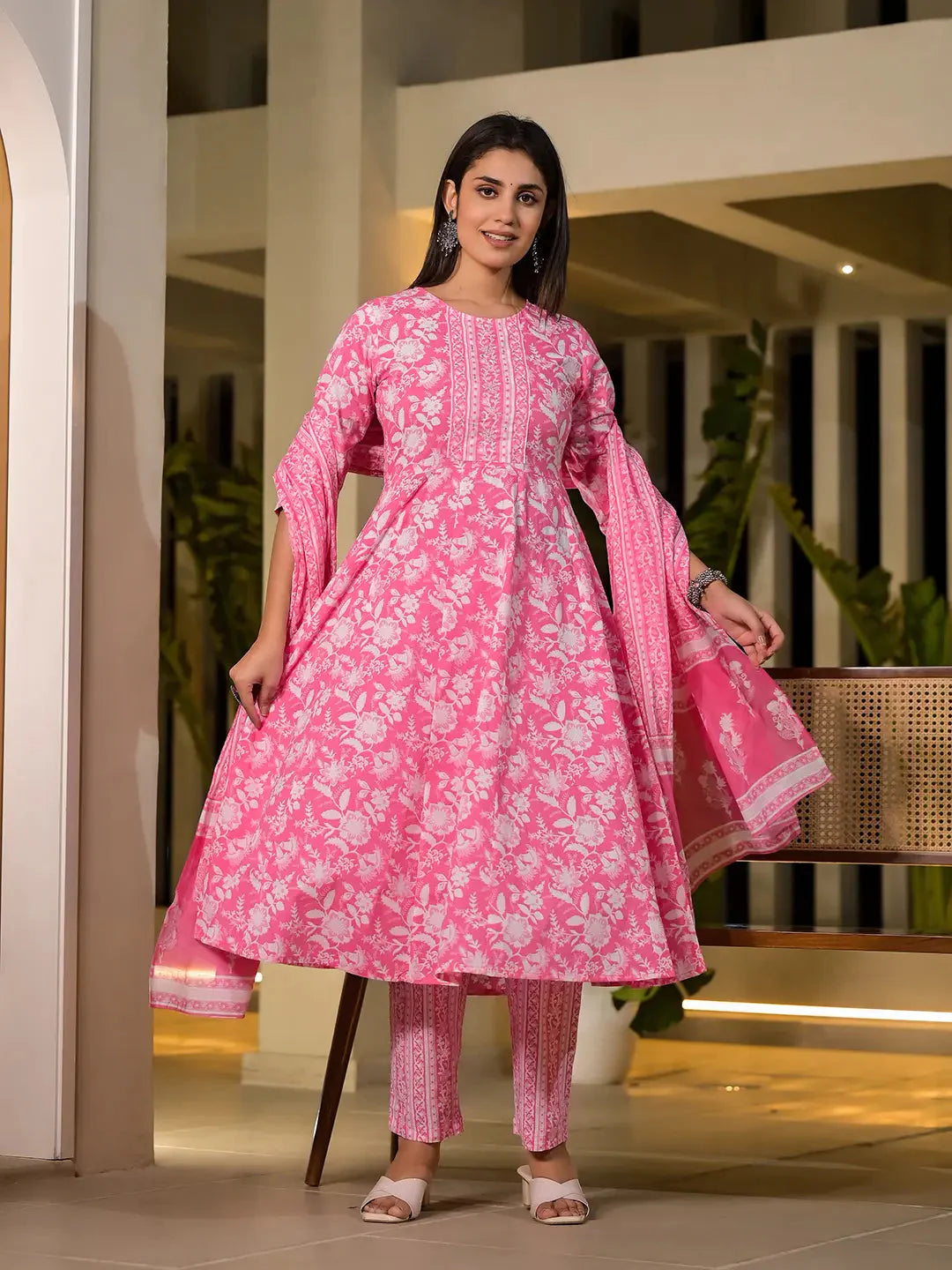 Yufta Pink Cotton Anarkali Style Sequins_Work Kurta With Trousers And Dupatta Set - Distacart
