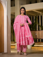Thumbnail for Yufta Pink Cotton Anarkali Style Sequins_Work Kurta With Trousers And Dupatta Set - Distacart