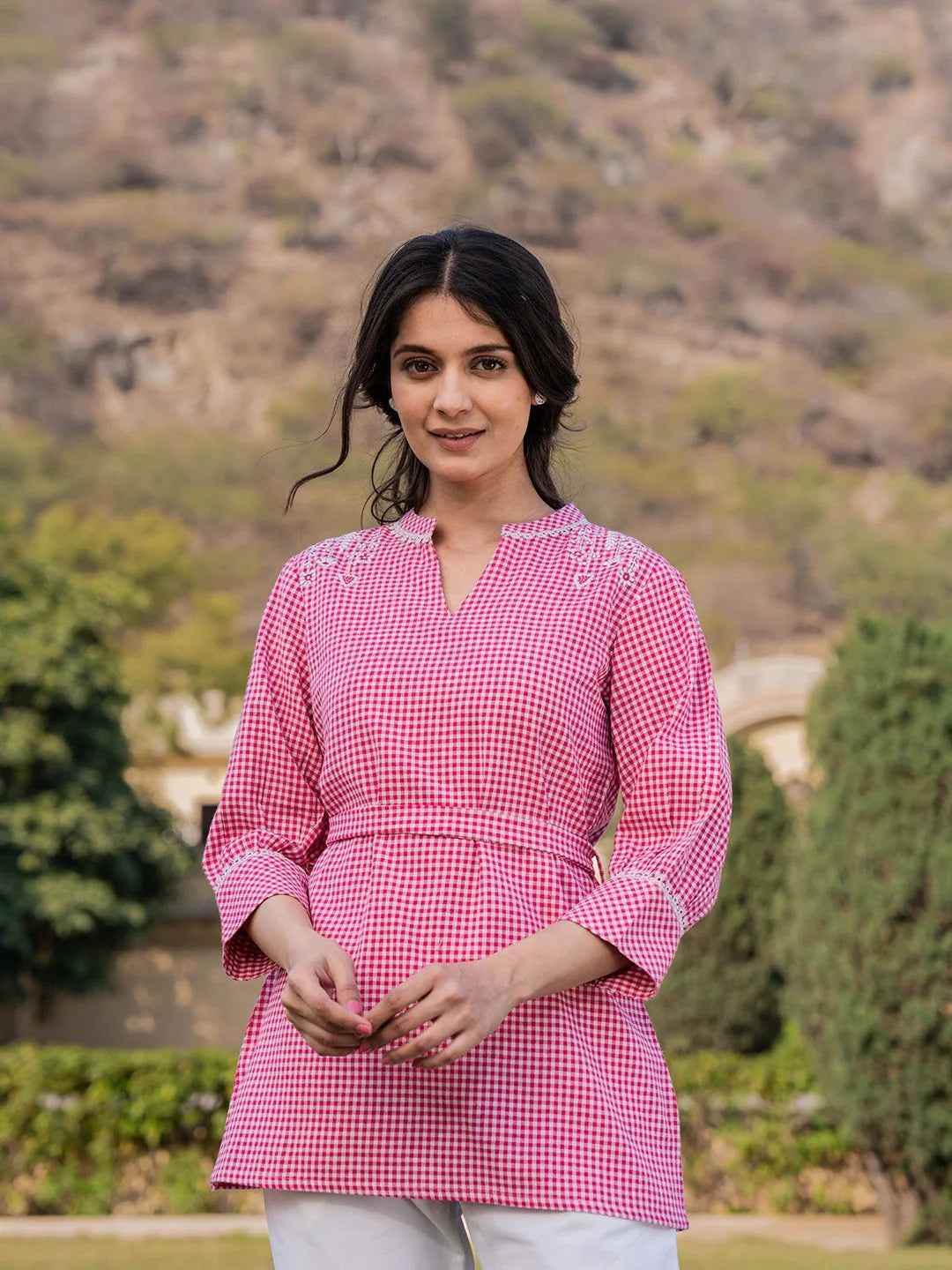 Yufta Pink Cotton Checks Embroidery Top - Distacart