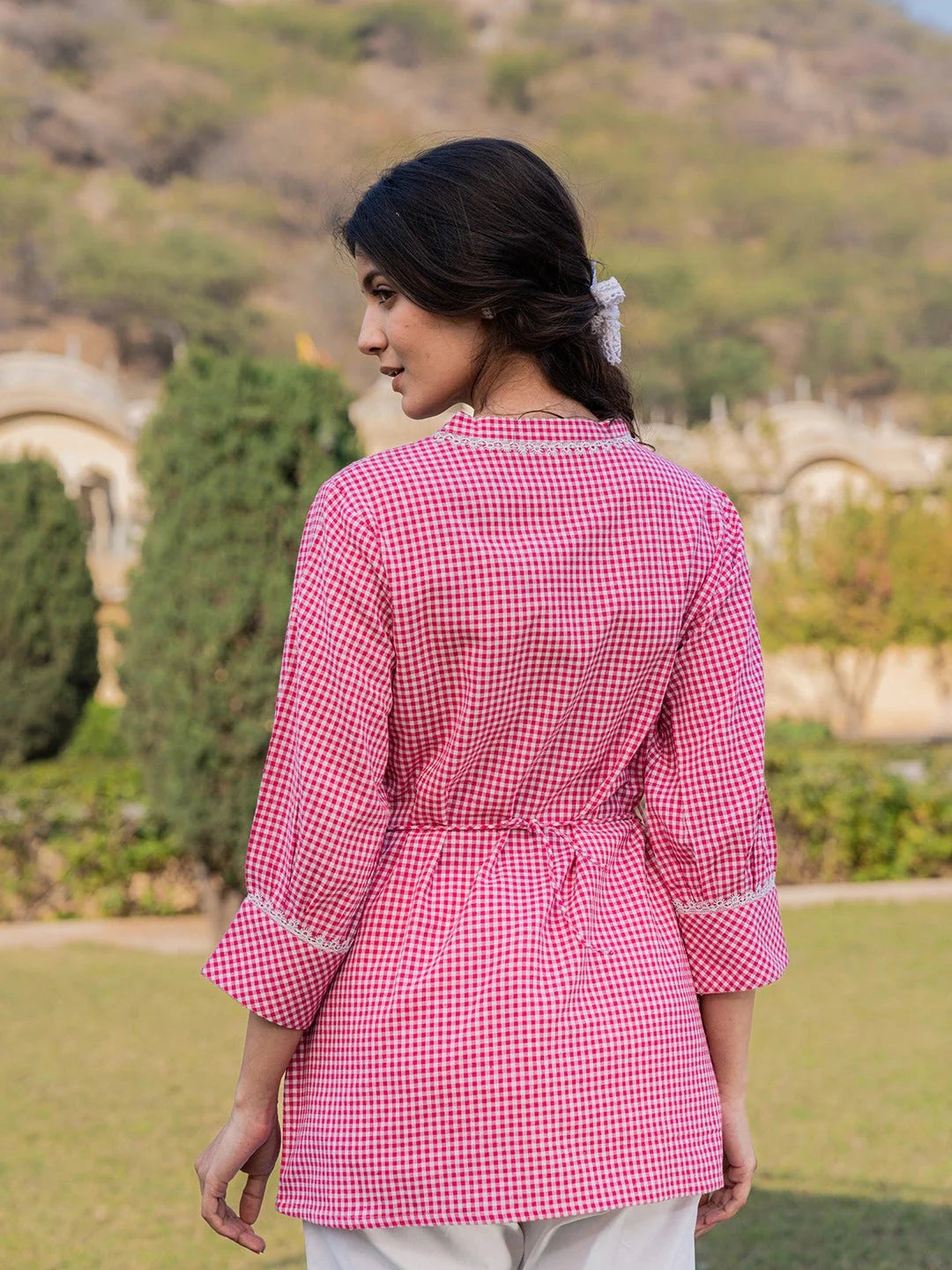 Yufta Pink Cotton Checks Embroidery Top