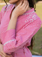 Thumbnail for Yufta Pink Cotton Checks Embroidery Top