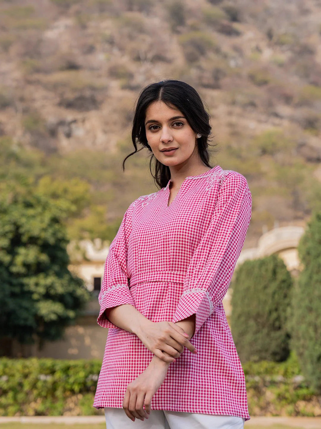 Yufta Pink Cotton Checks Embroidery Top