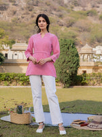 Thumbnail for Yufta Pink Cotton Checks Embroidery Top