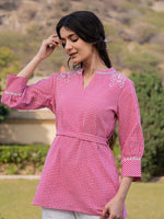 Thumbnail for Yufta Pink Cotton Checks Embroidery Top
