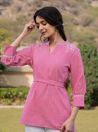 Yufta Pink Cotton Checks Embroidery Top