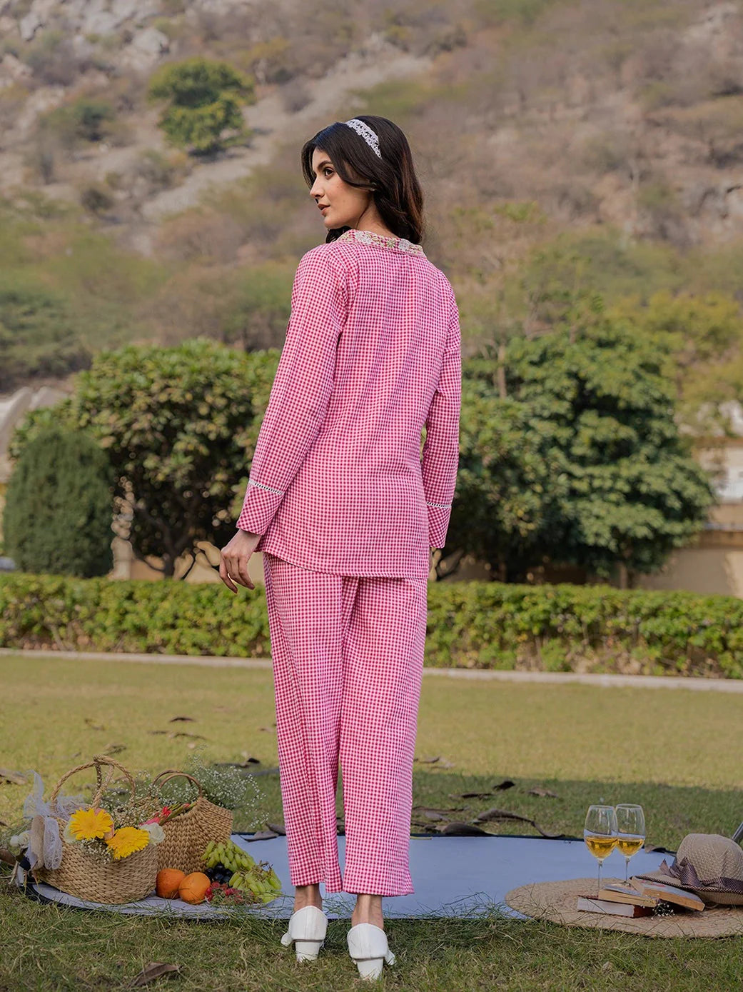 Yufta Pink Cotton Checks Print Shawl Neck Co Ord Set With Embroidery