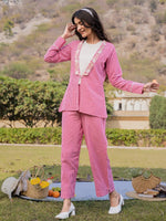 Thumbnail for Yufta Pink Cotton Checks Print Shawl Neck Co Ord Set With Embroidery