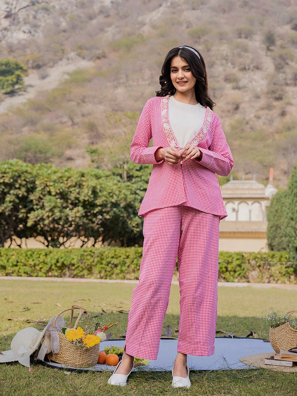 Yufta Pink Cotton Checks Print Shawl Neck Co Ord Set With Embroidery