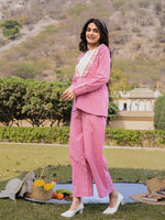 Thumbnail for Yufta Pink Cotton Checks Print Shawl Neck Co Ord Set With Embroidery