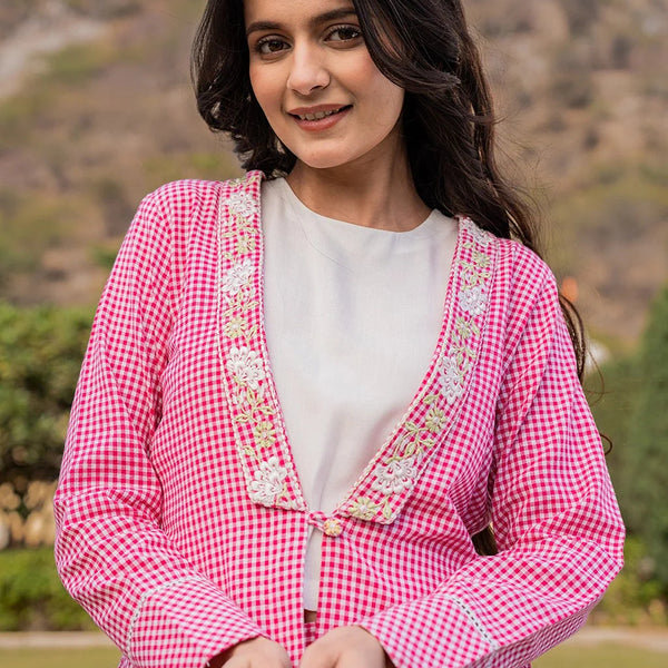 Yufta Pink Cotton Checks Print Shawl Neck Co Ord Set With Embroidery - Distacart