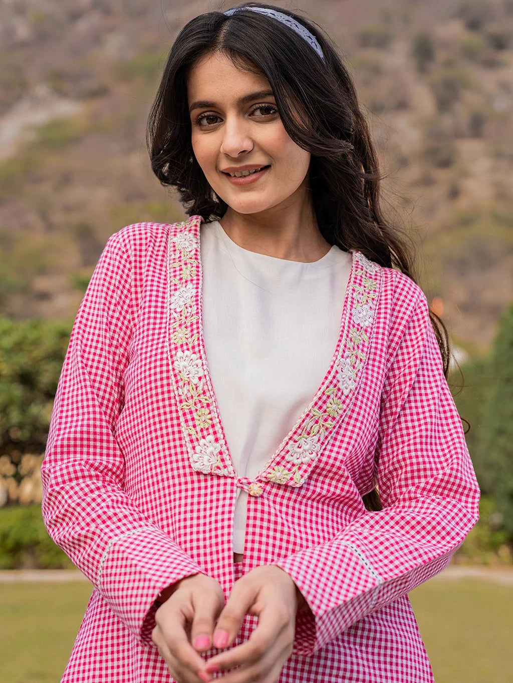 Yufta Pink Cotton Checks Print Shawl Neck Co Ord Set With Embroidery - Distacart