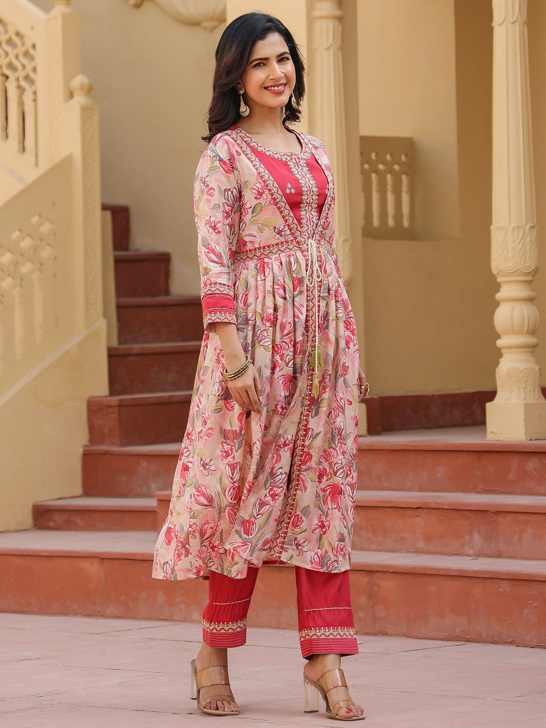 Yufta Pink Embroidered shrug Crop top co ord set - Distacart