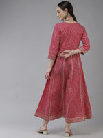 Thumbnail for Yufta Pink Ethnic Motifs Maxi Dress