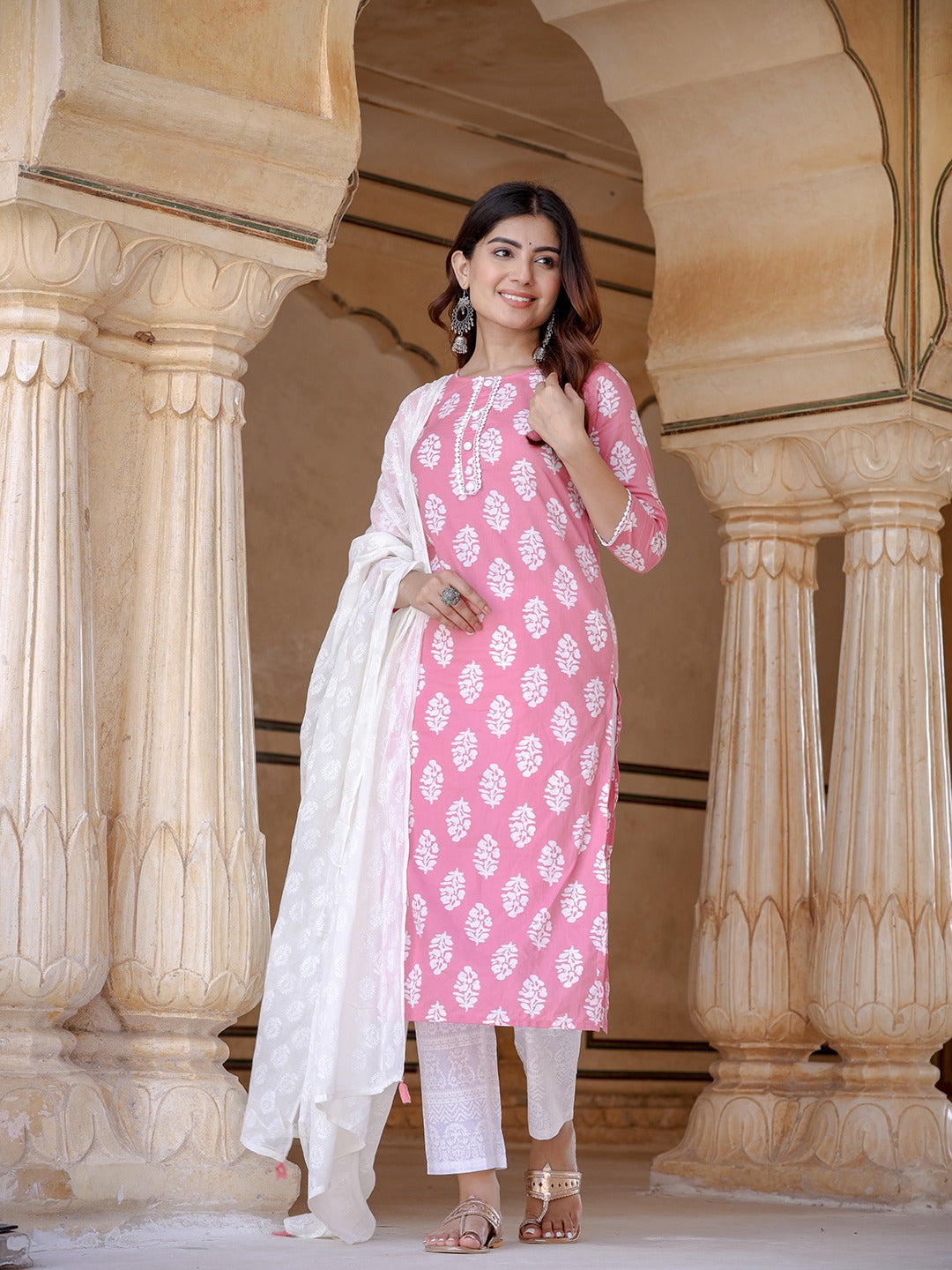 Yufta Pink Ethnic Motifs Printed Dupatta Set - Distacart