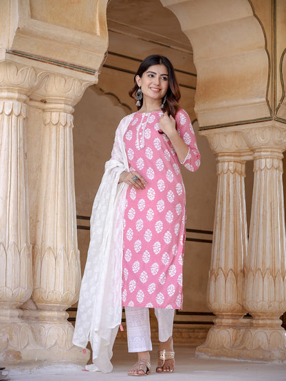 Yufta Pink Ethnic Motifs Printed Dupatta Set - Distacart