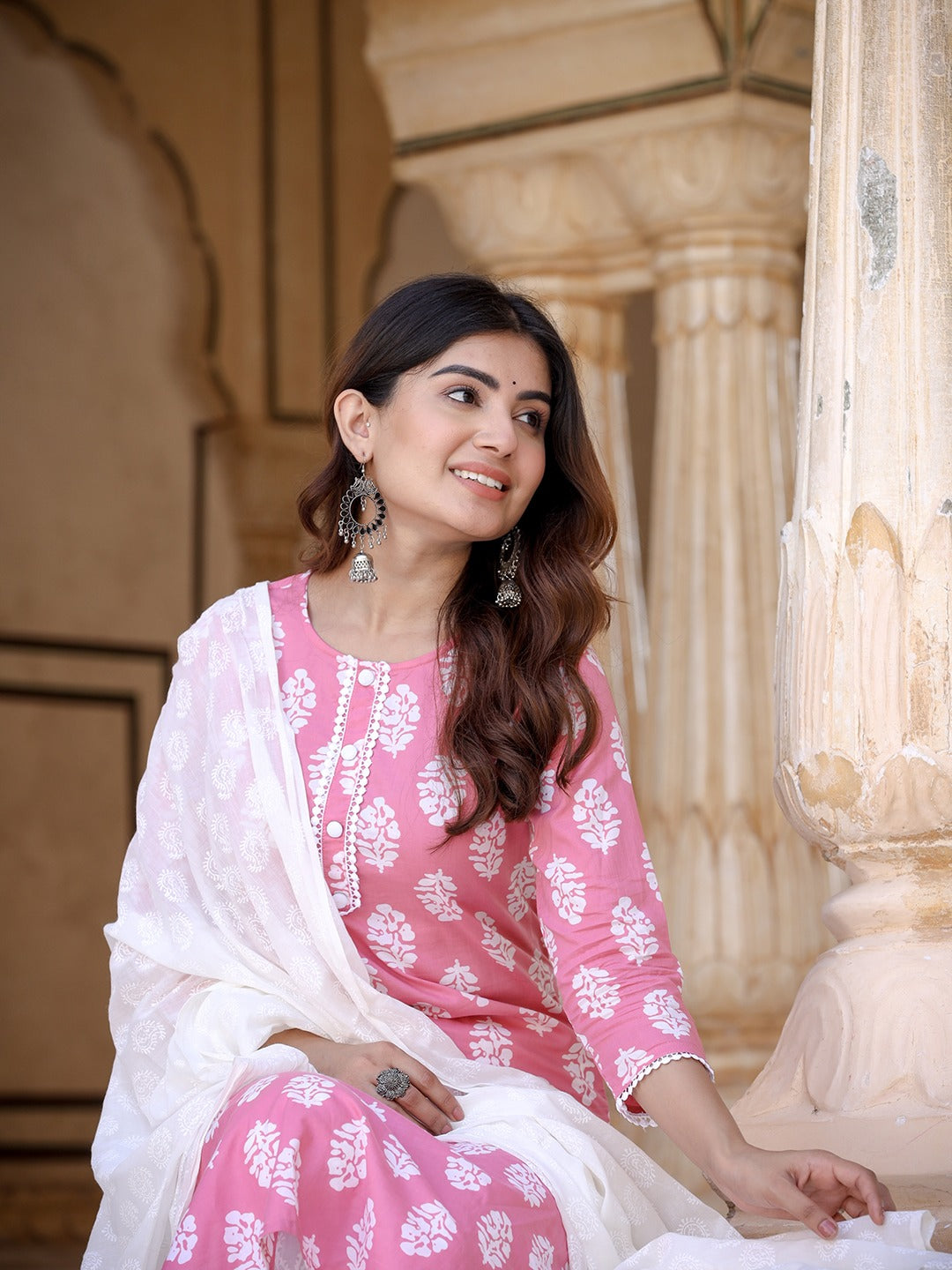 Yufta Pink Ethnic Motifs Printed Dupatta Set - Distacart